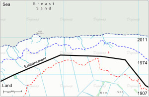 Map of a changing salt marsh in the Wash, North-East England. A period of reclamation led to significant losses of marsh extent, followed by recovery in front of the embankment.